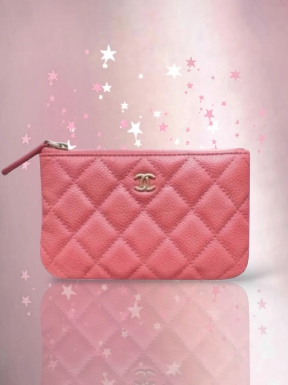 💞CHANEL Shiny Grained Calfskin (CAVIAR) Wallet Clutch Pouch CC Logo • PINK • GHW